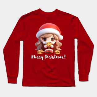 Chibi Kawaii Santa Claus Eating Cookies Long Sleeve T-Shirt